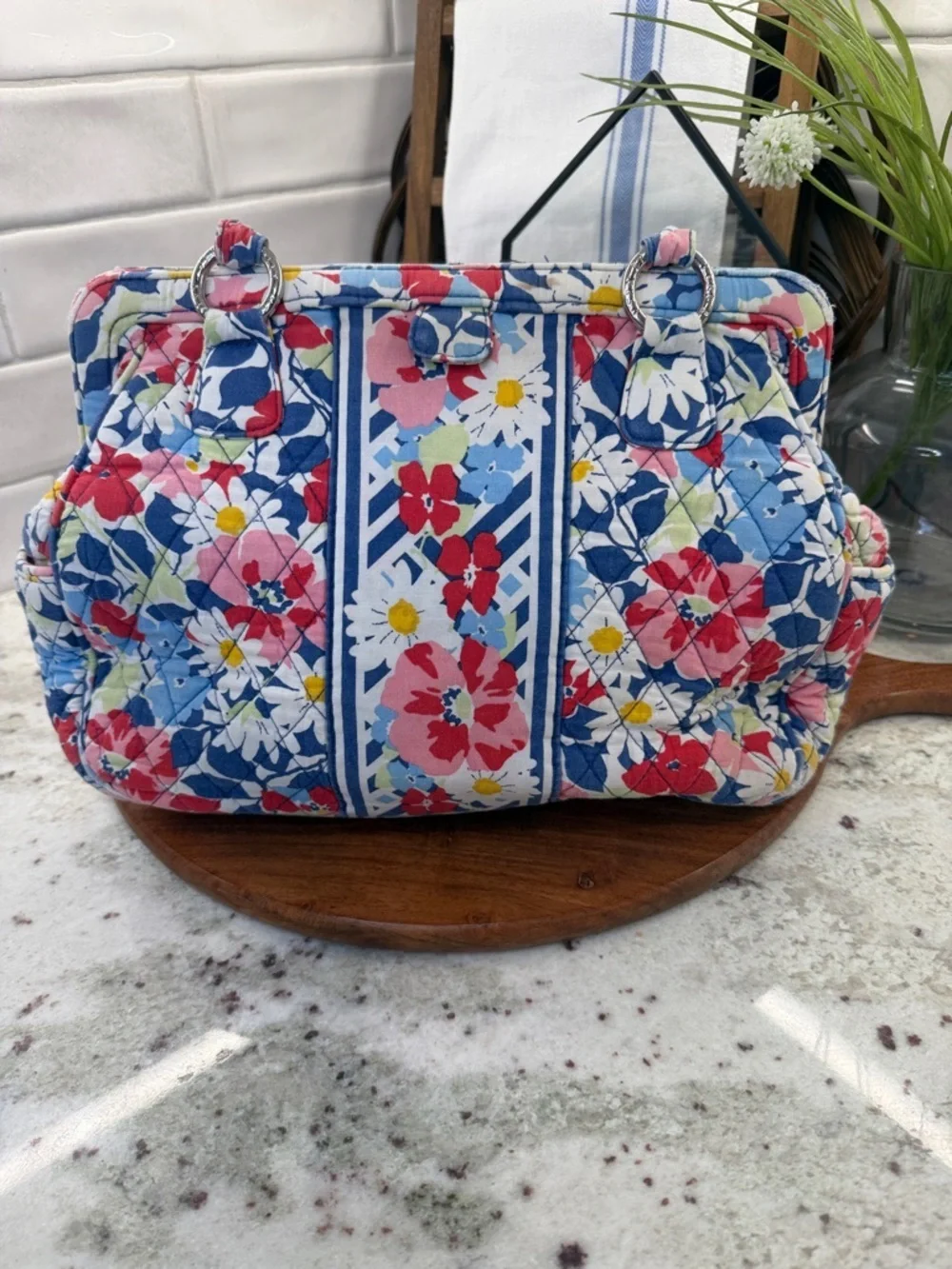 Vera Bradley Blue Floral Quilted Frame Bag with Pink & Red Accents